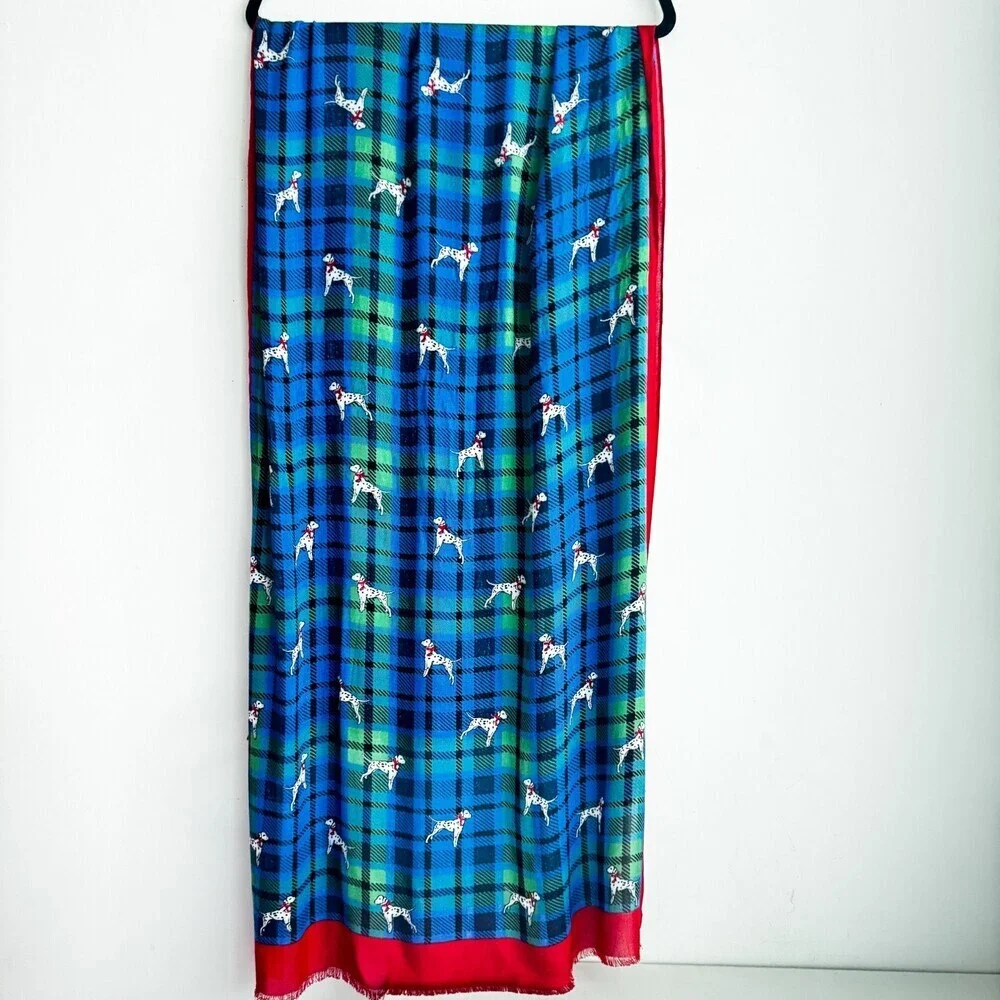 Talbots Green Blue Plaid Dog Dalmatian Print Lightweight Scarf